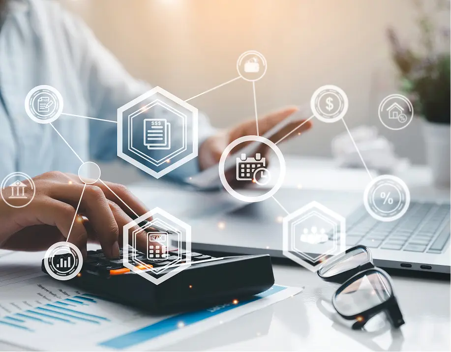 Business analytics with digital icons overlay