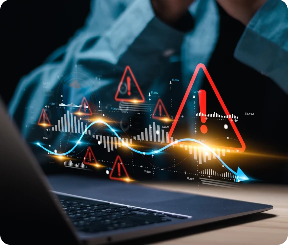 Digital warning signs over financial graphs